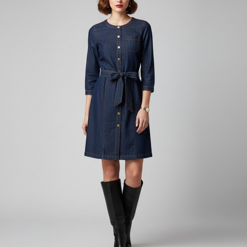 Talbots Petite Denim Shirt Dress Tie‎ Belt 3/4 Sleeve 100% Cotton Button Front P